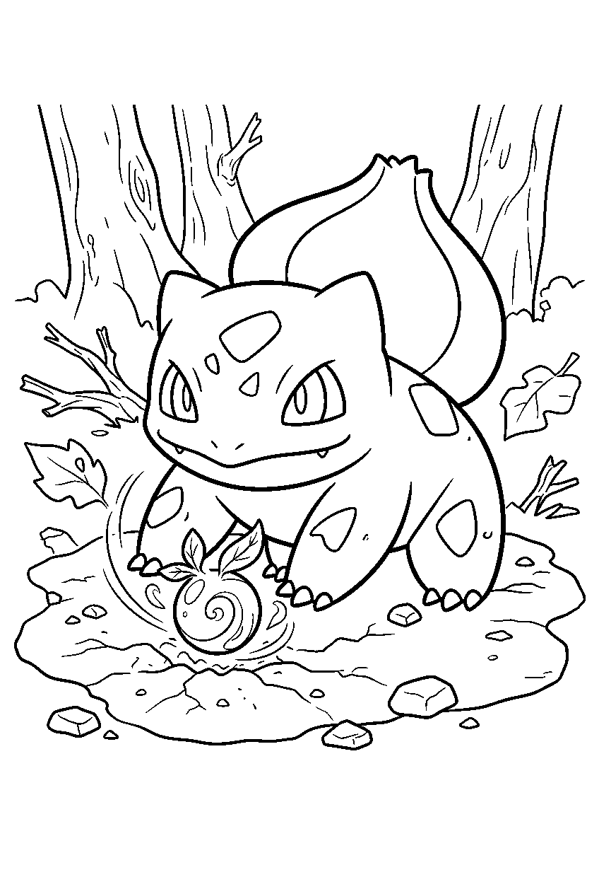 bulbasaur planting leech seed in a woodland battlefield line art