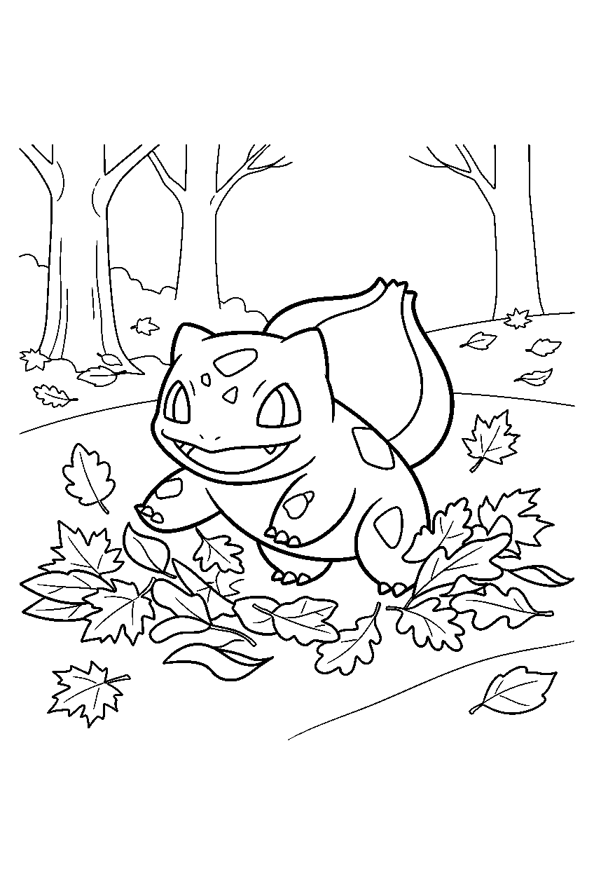 bulbasaur playing in fallen leaves in an autumn grove line art