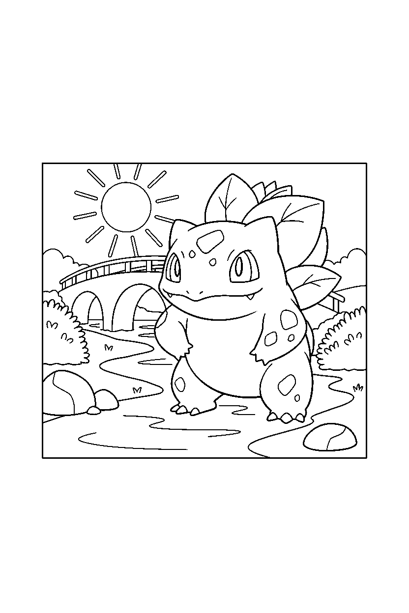 bulbasaur pokemon posing proudly near a bridge line art