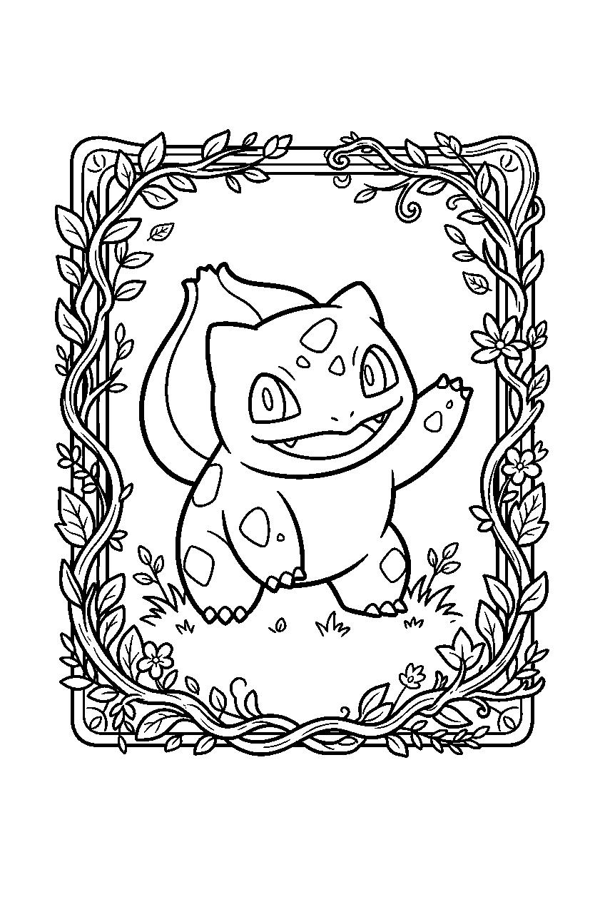 bulbasaur posing inside a pokemon trading card frame with leafy decorations line art