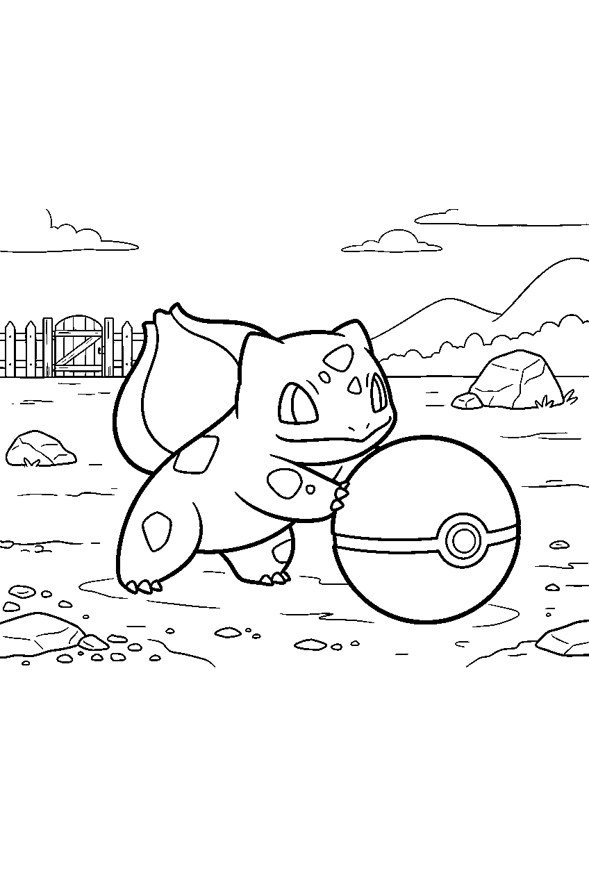bulbasaur pushing a pokeball across a training yard line art