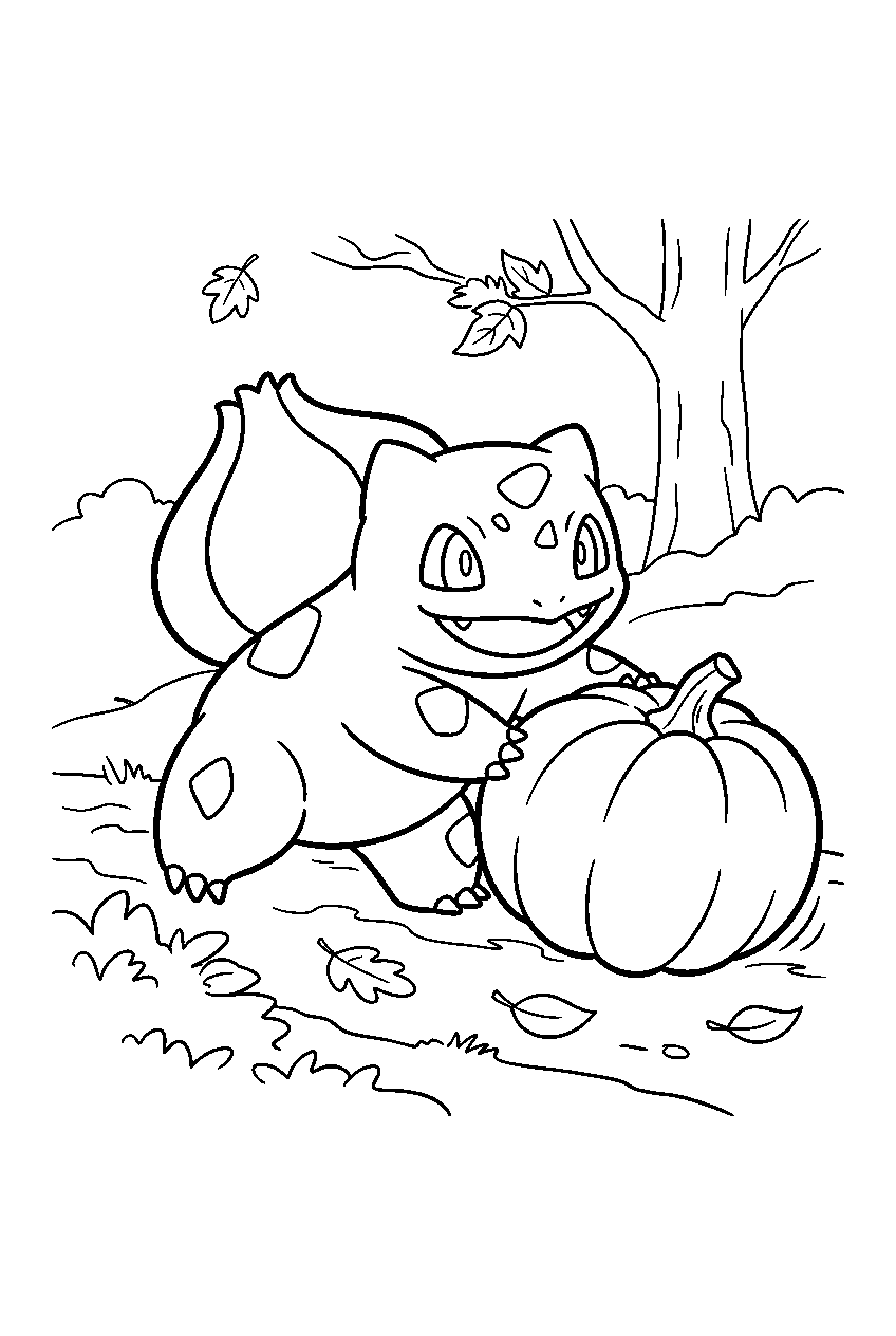 bulbasaur pushing a pumpkin across an autumn patch line art