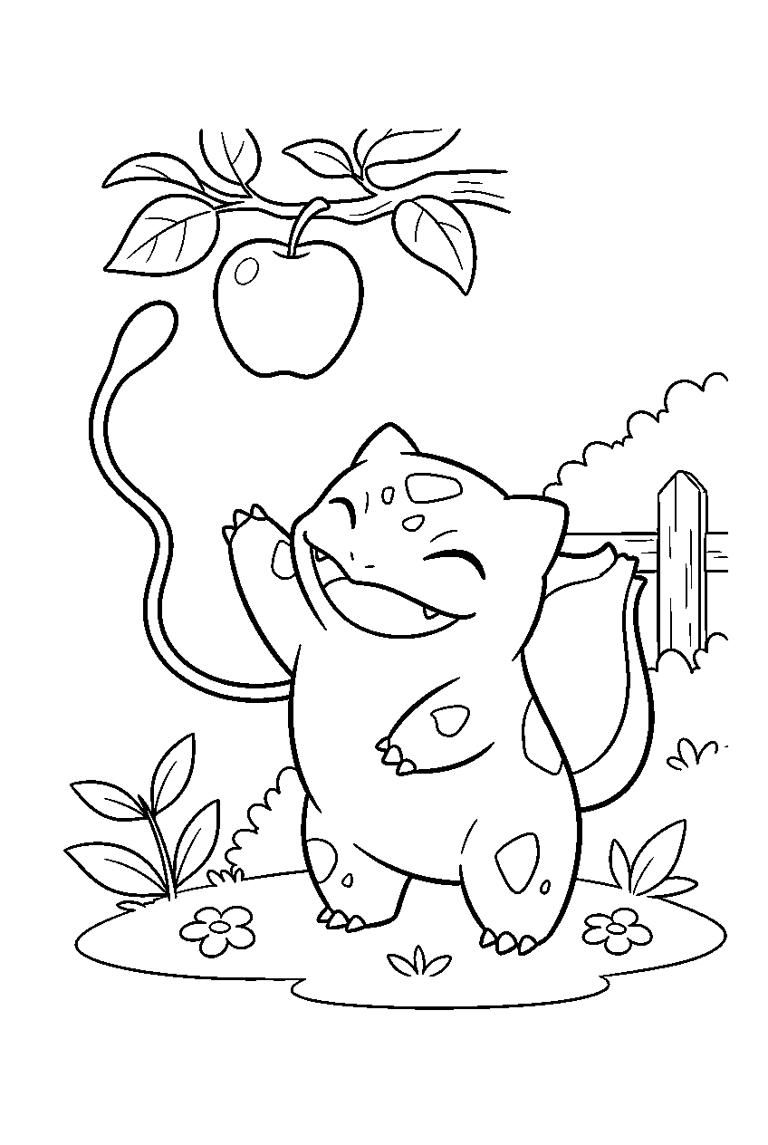 bulbasaur reaching an apple with a vine in a garden line art