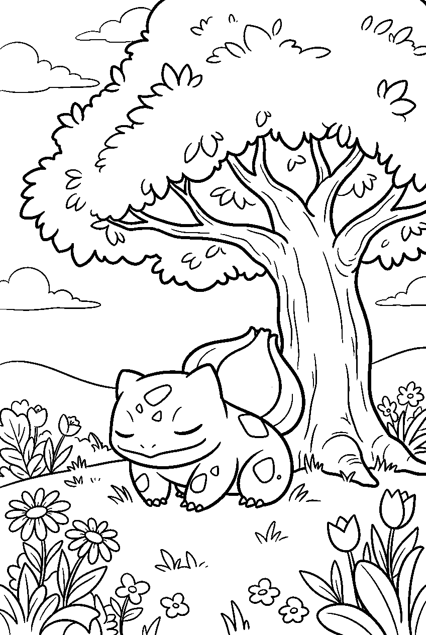 bulbasaur resting beneath a large tree in a flower meadow line art