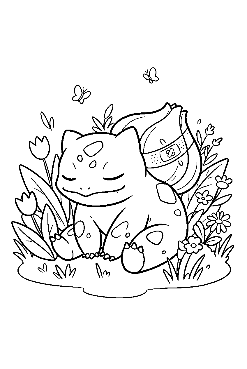 bulbasaur resting with a bandage on its bulb in a flower garden line art