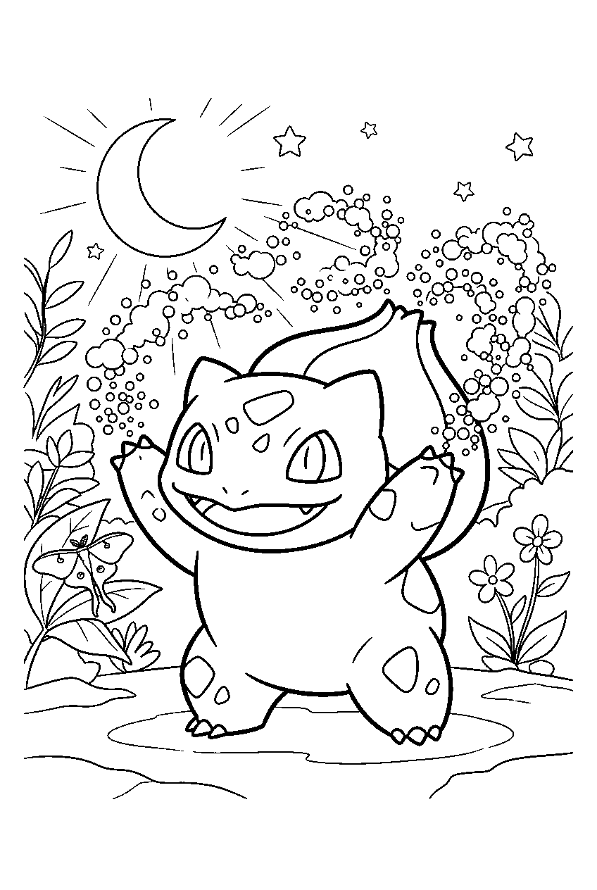 bulbasaur scattering sleep powder in a moonlit garden line art