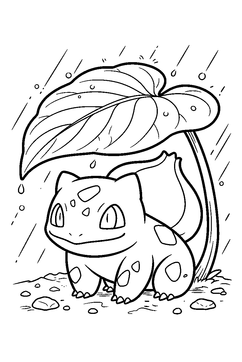 bulbasaur sheltering beneath a giant leaf during summer rain line art