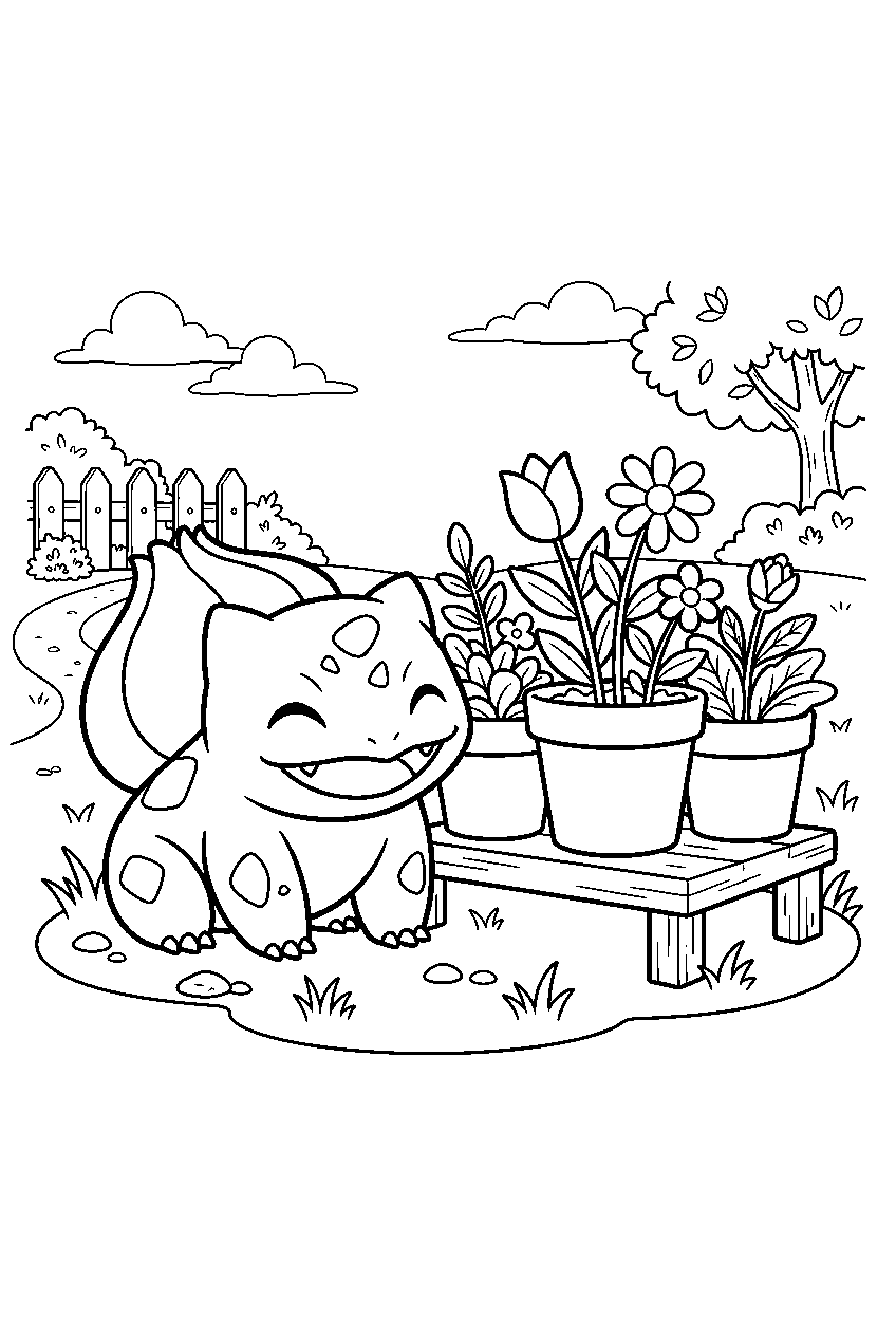 bulbasaur sitting happily beside potted flowers in a simple garden line art