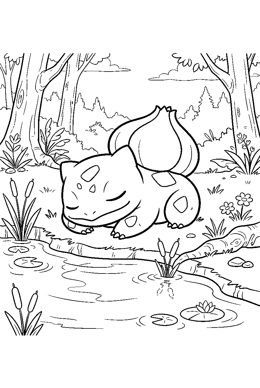 bulbasaur sleeping beside a pond in a quiet forest line art