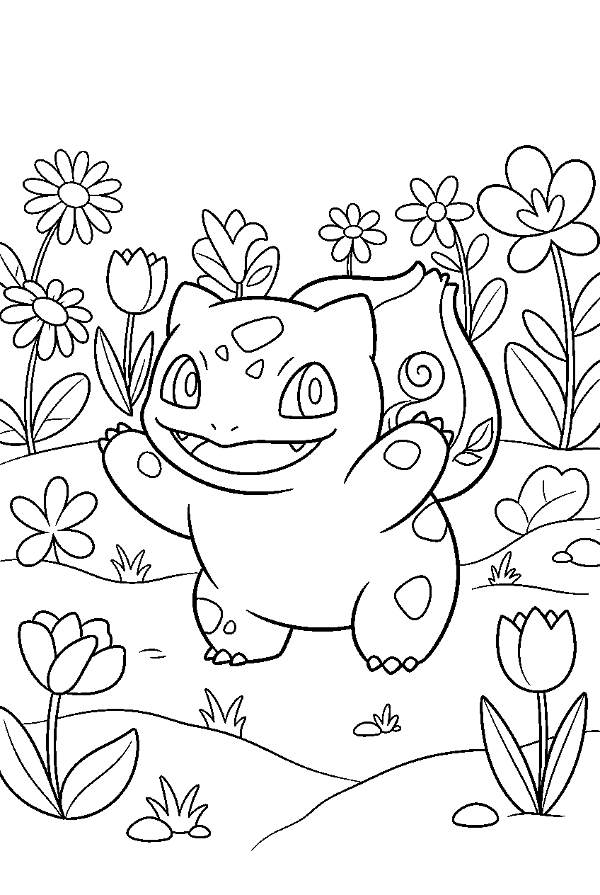 bulbasaur smiling with a cute expression among flowers in a sunny meadow line art