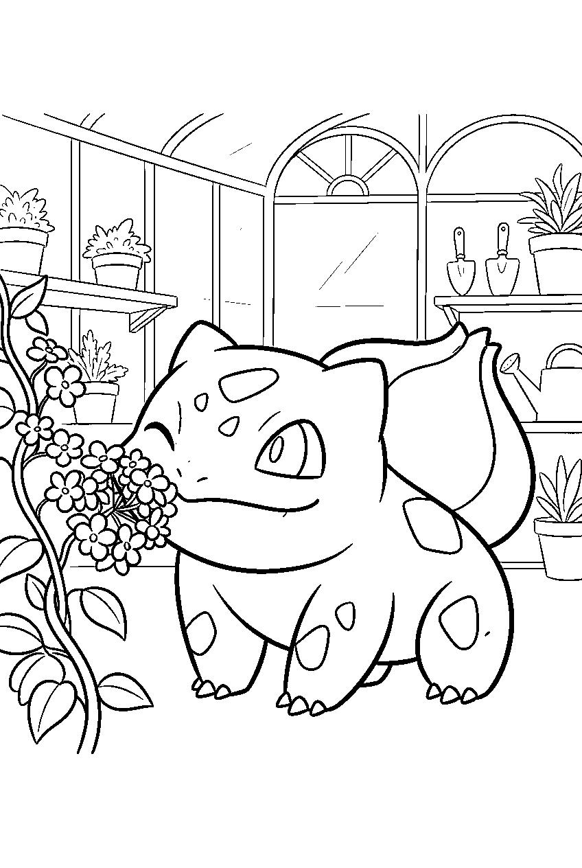 bulbasaur sniffing blossoms inside a greenhouse line art