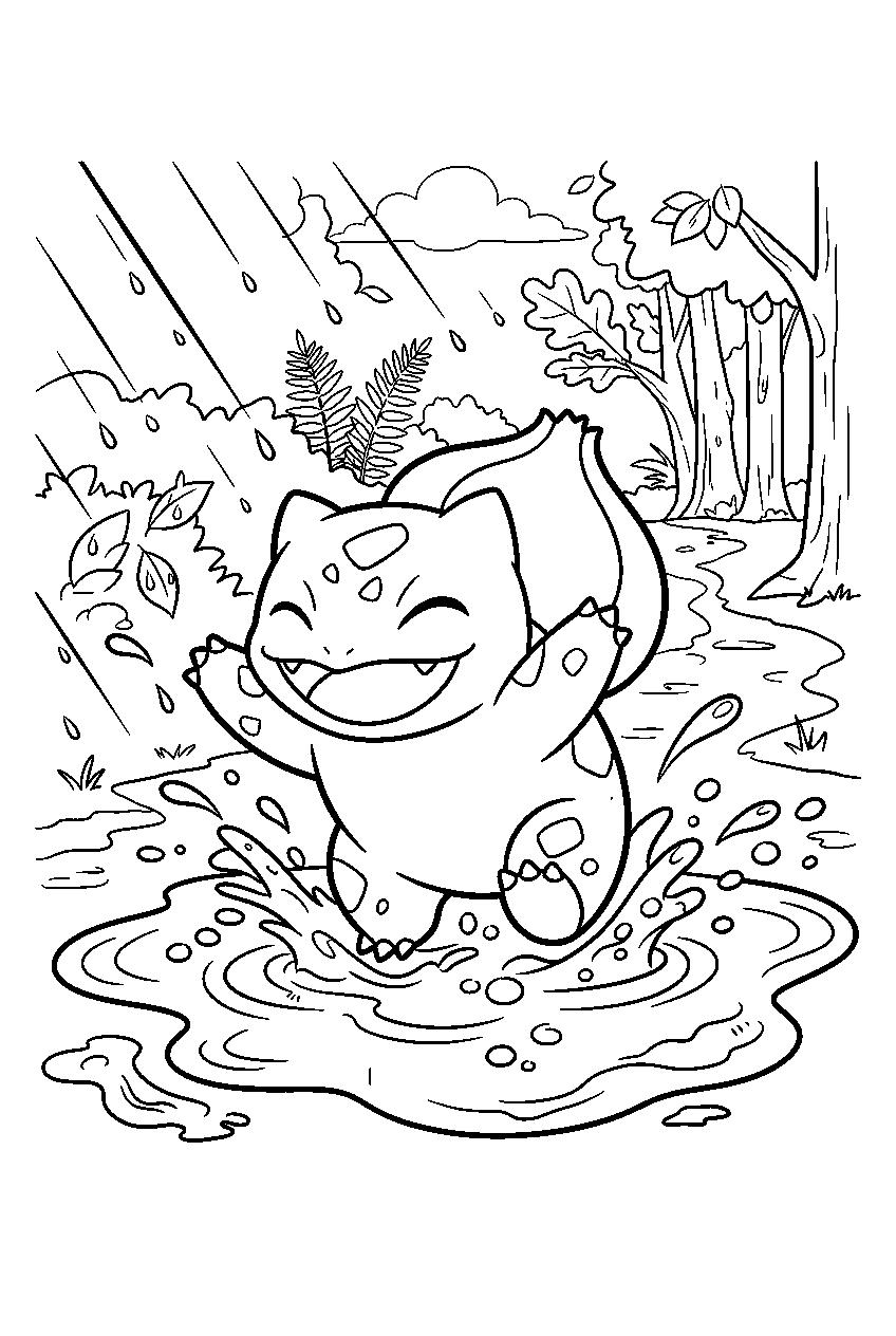 bulbasaur splashing in a puddle on a rainy woodland path line art