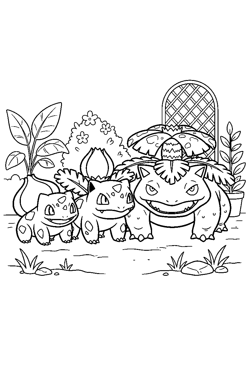 bulbasaur standing beside ivysaur and venusaur in a botanical garden line art