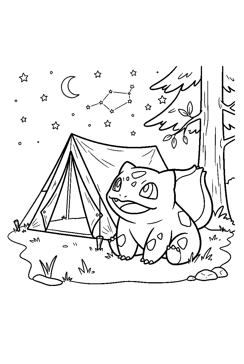 bulbasaur stargazing beside a tent at a forest campsite line art