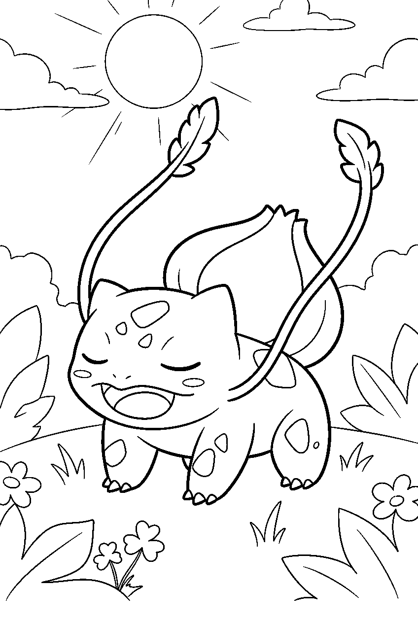 bulbasaur stretching its vines after a nap in a sunny clearing line art