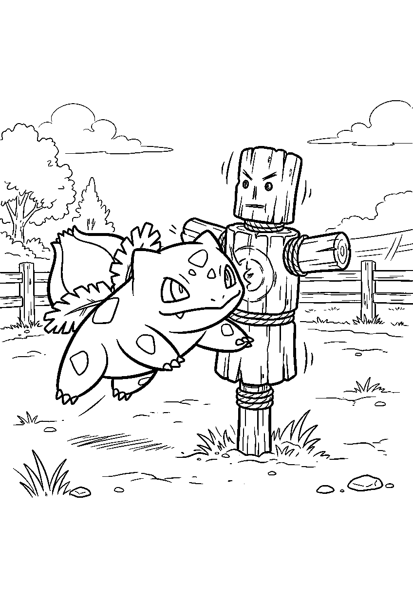 bulbasaur tackling a training dummy in an outdoor arena line art