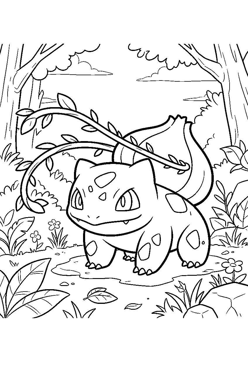 bulbasaur using vine whip in a forest clearing line art