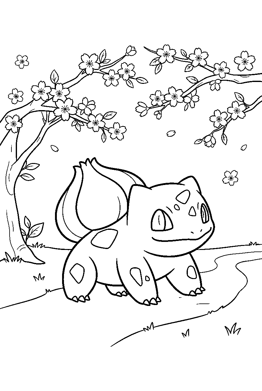 bulbasaur walking beneath cherry blossoms in a spring park line art