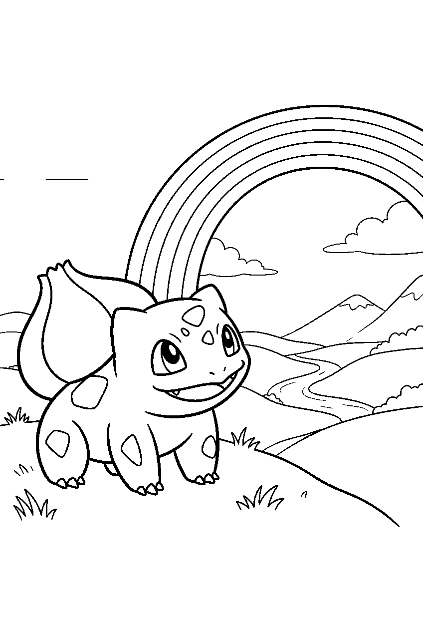 bulbasaur watching a rainbow above a green valley line art