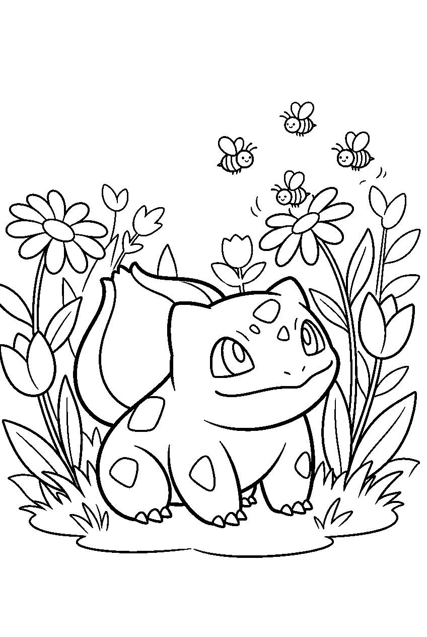 bulbasaur watching bees among flowers in a garden line art