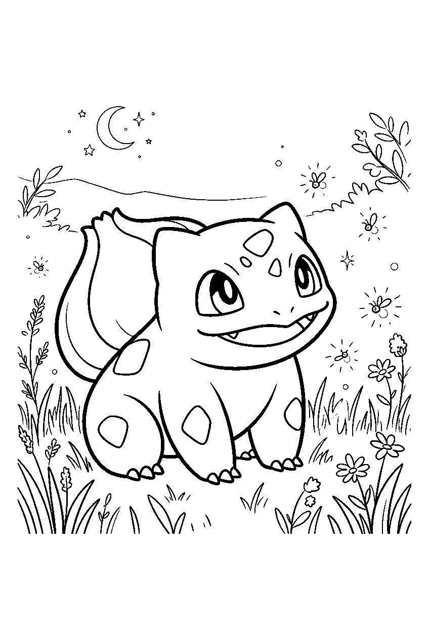 bulbasaur watching fireflies in a twilight meadow line art