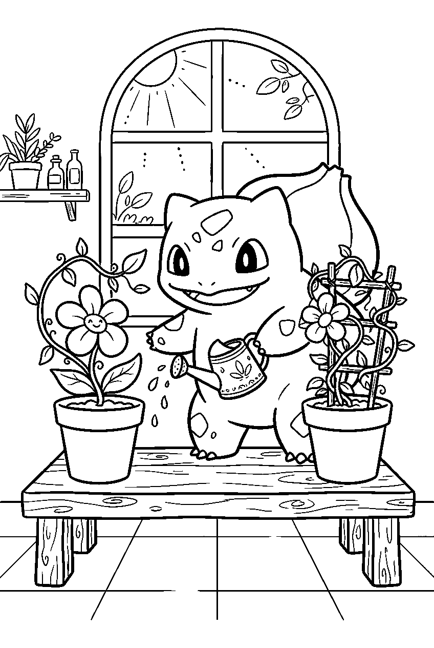 bulbasaur watering two potted flowers with vines in a sunny greenhouse line art