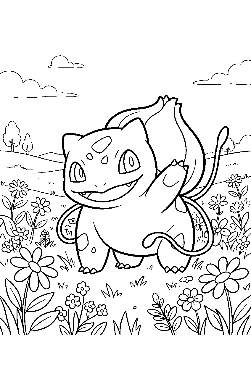 bulbasaur waving with its vines in a wildflower meadow line art