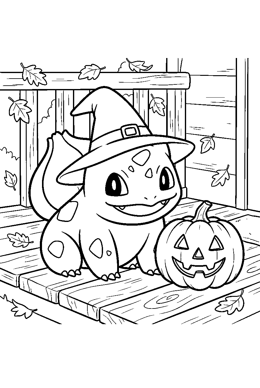 bulbasaur wearing a witch hat beside a jack o lantern on an autumn porch line art
