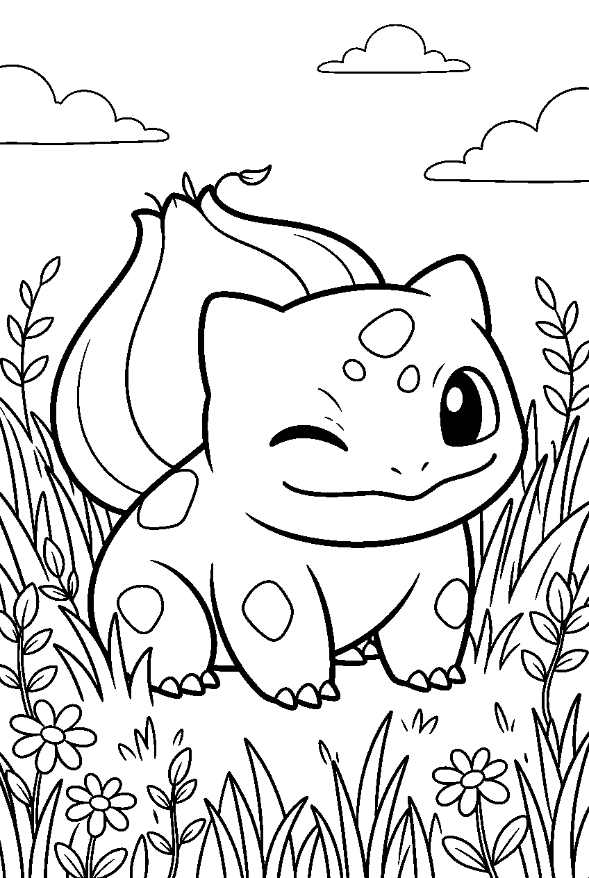 bulbasaur winking with a kawaii expression in tall grass beneath a bright sky line art