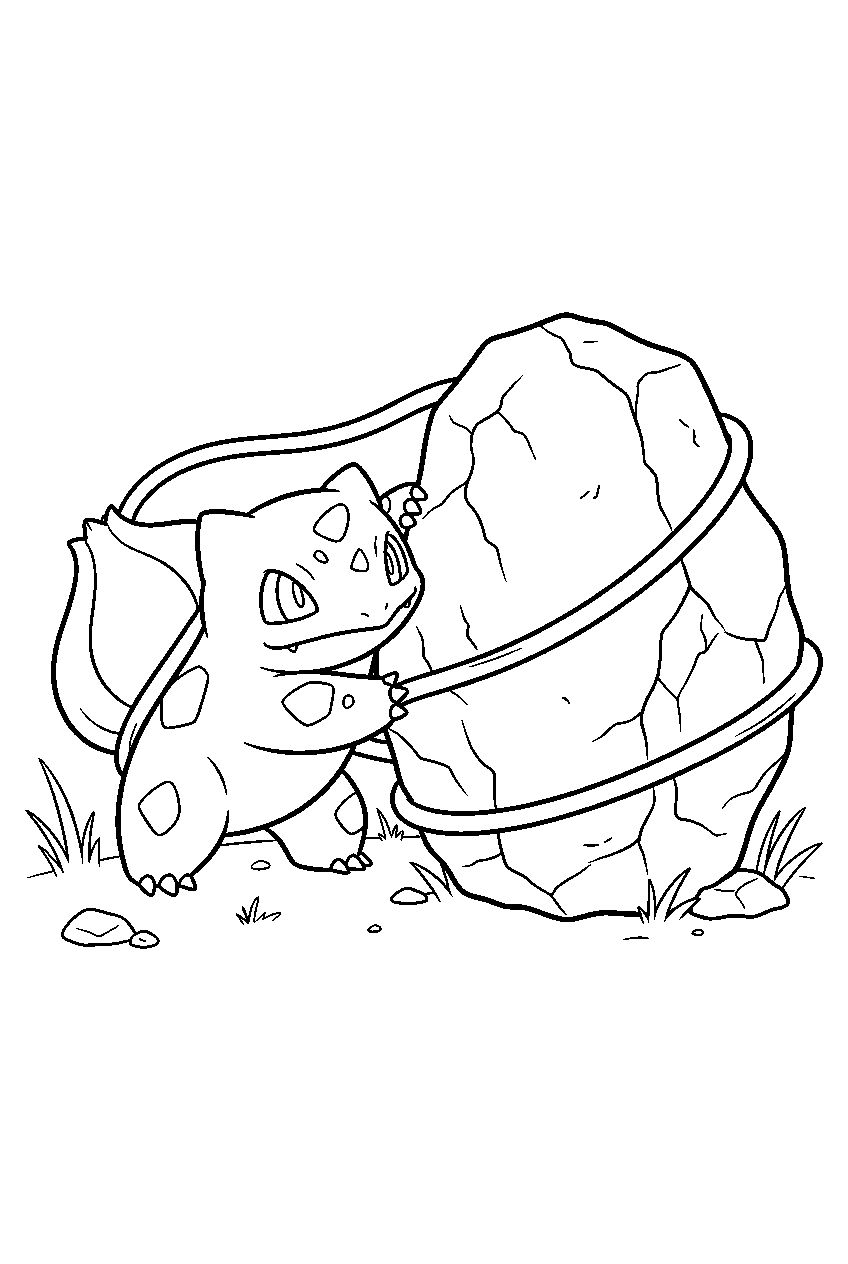 bulbasaur wrapping vines around a boulder in a training field line art