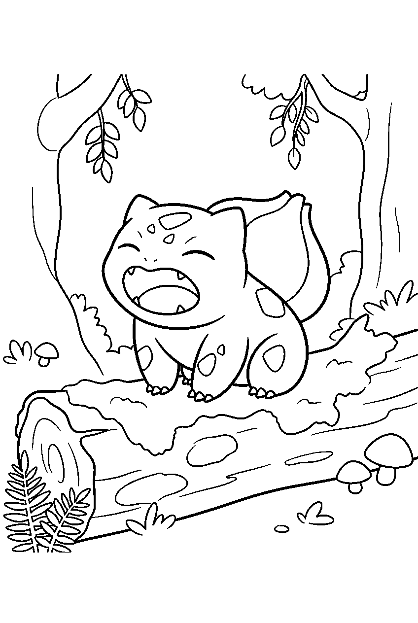 bulbasaur yawning on a mossy log in a woodland grove line art