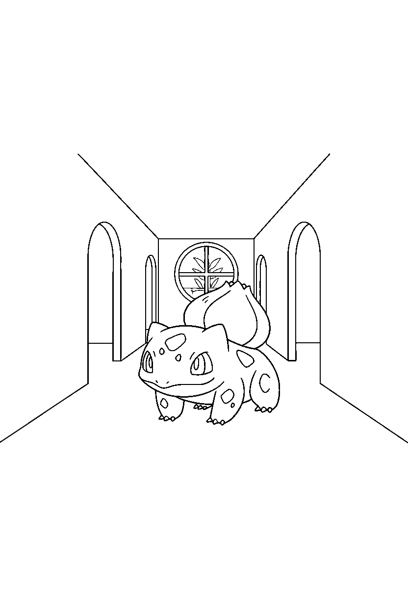 pokemon bulbasaur exploring in hallway line art