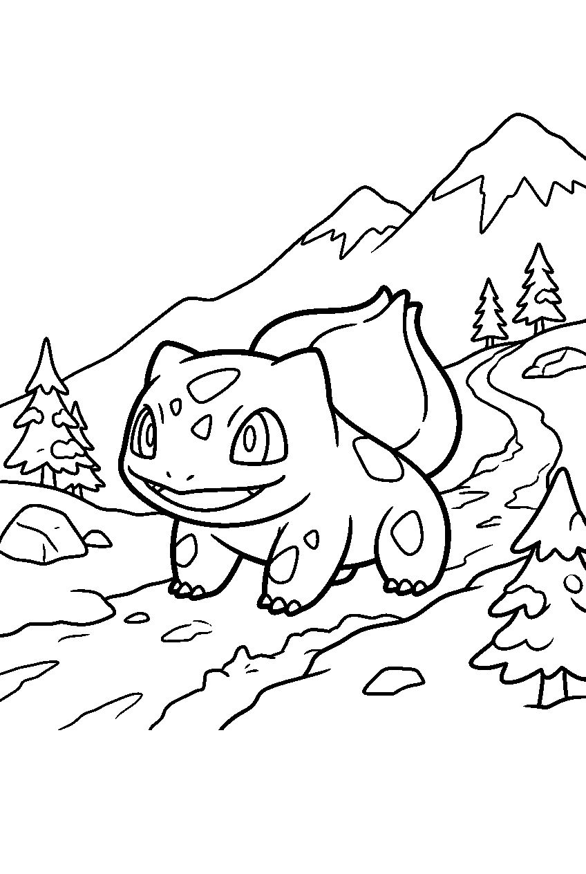 pokemon bulbasaur exploring on snowy mountain line art