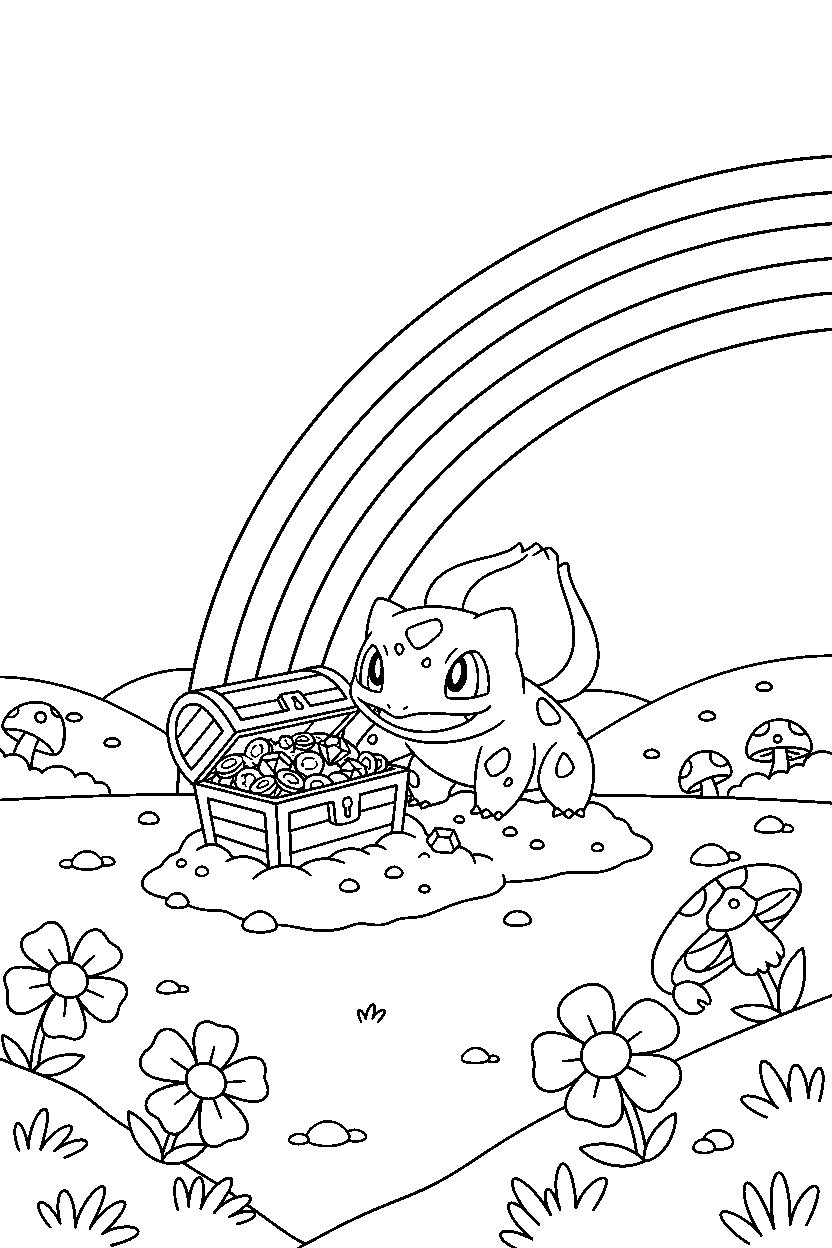 pokemon bulbasaur finding a treasure in a rainbow valley line art
