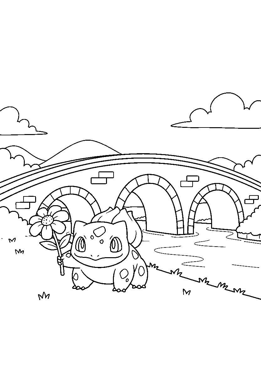 pokemon bulbasaur holding a flower near a bridge line art