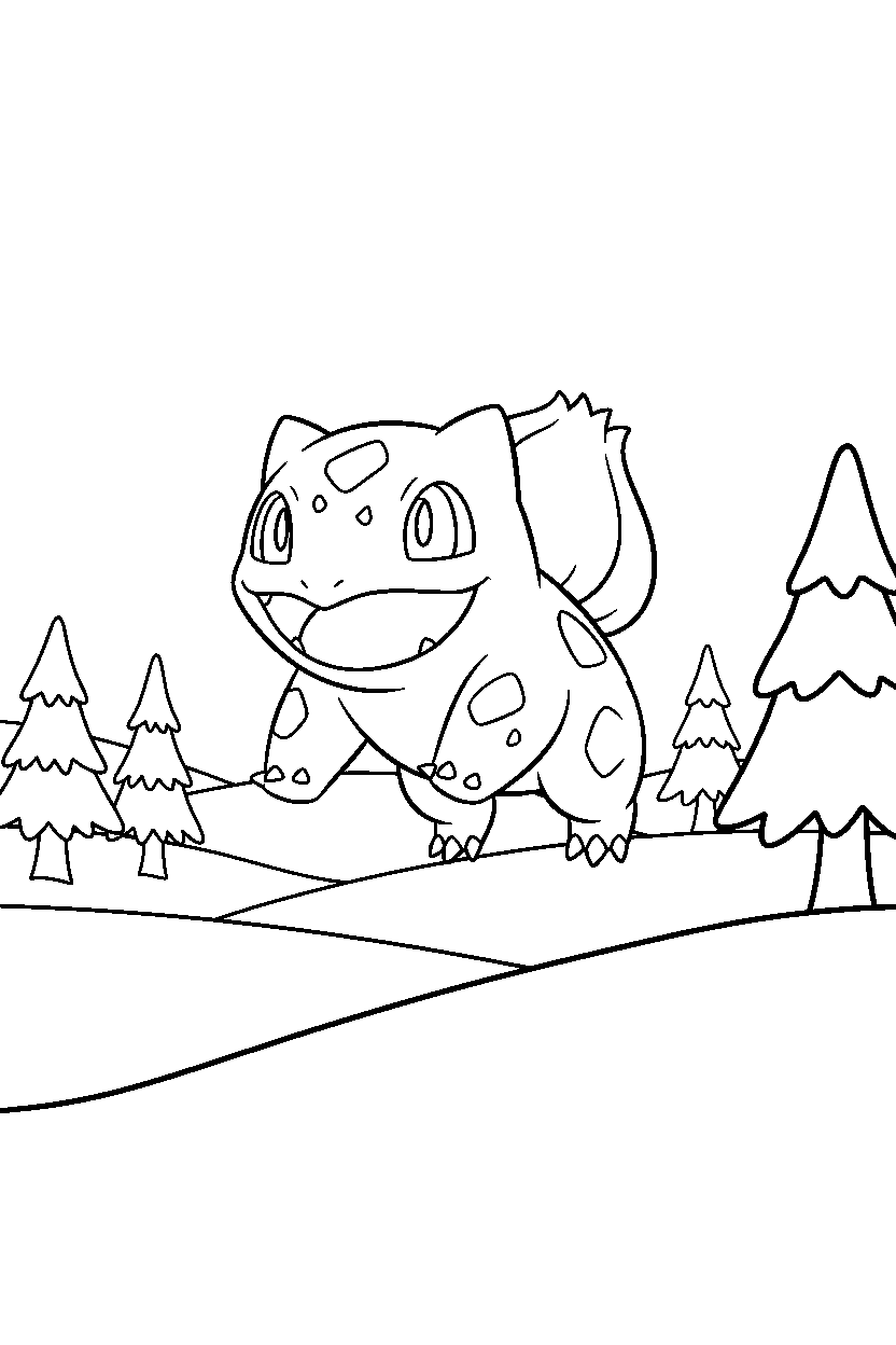pokemon bulbasaur jumping happily in a snowy field line art