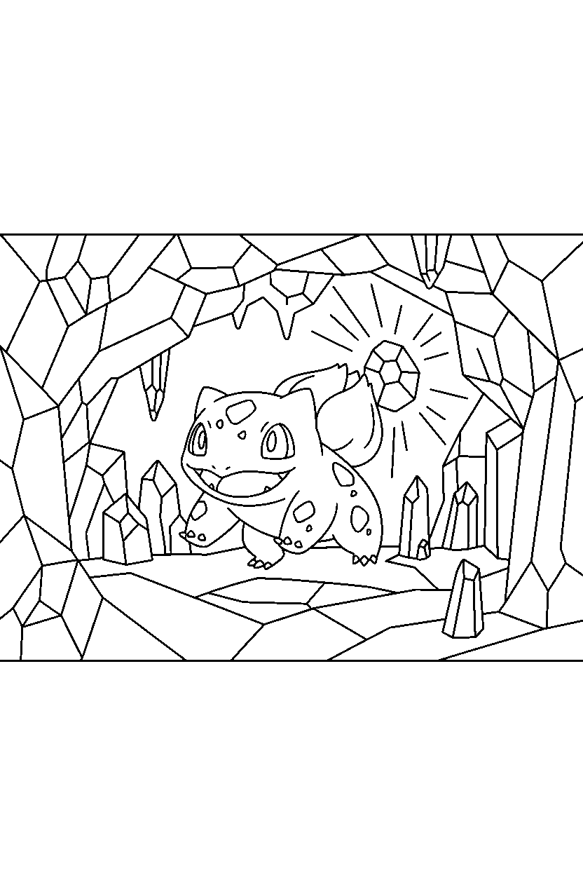 pokemon bulbasaur playing happily inside a crystal cave line art
