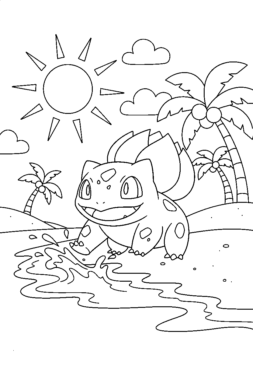 pokemon bulbasaur playing happily on a sunny beach line art
