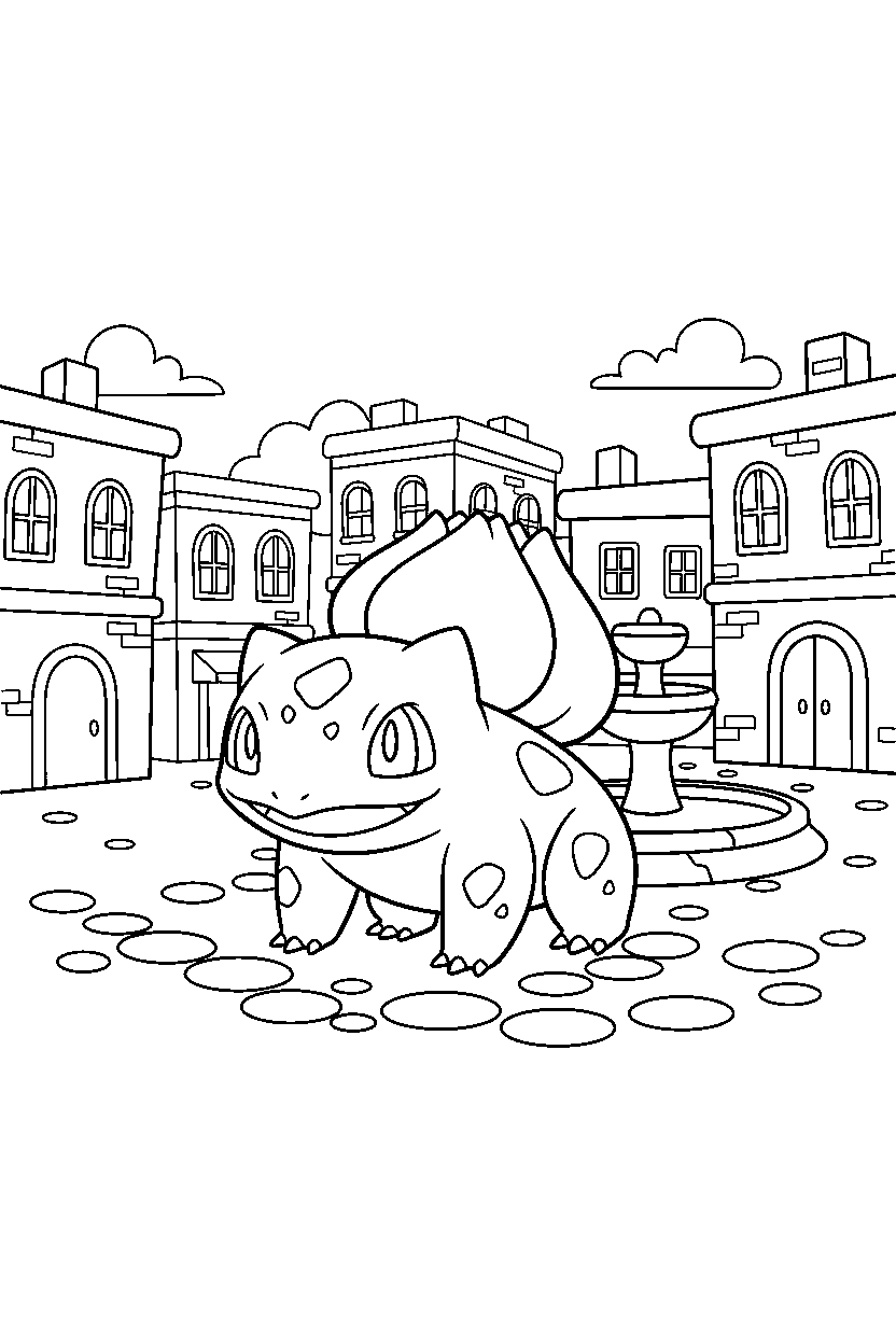 pokemon bulbasaur posing in town line art