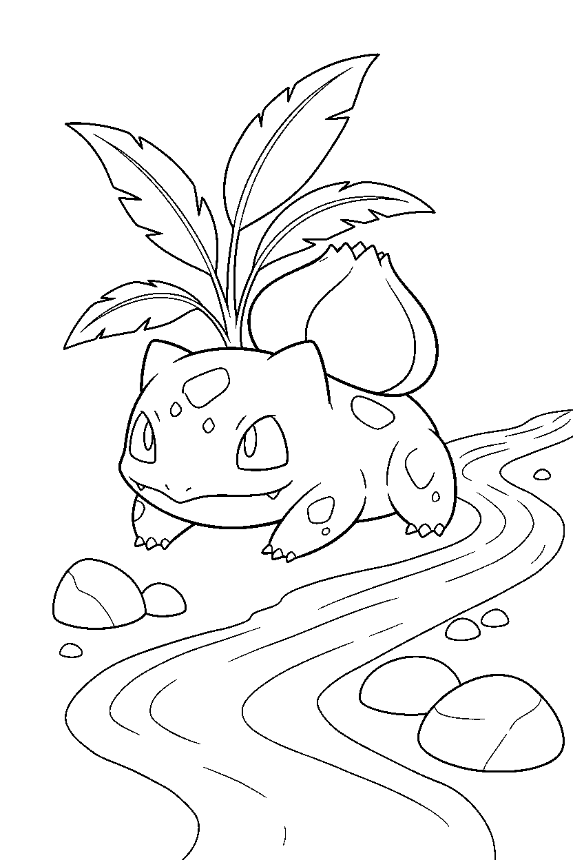 pokemon bulbasaur resting peacefully near a river line art