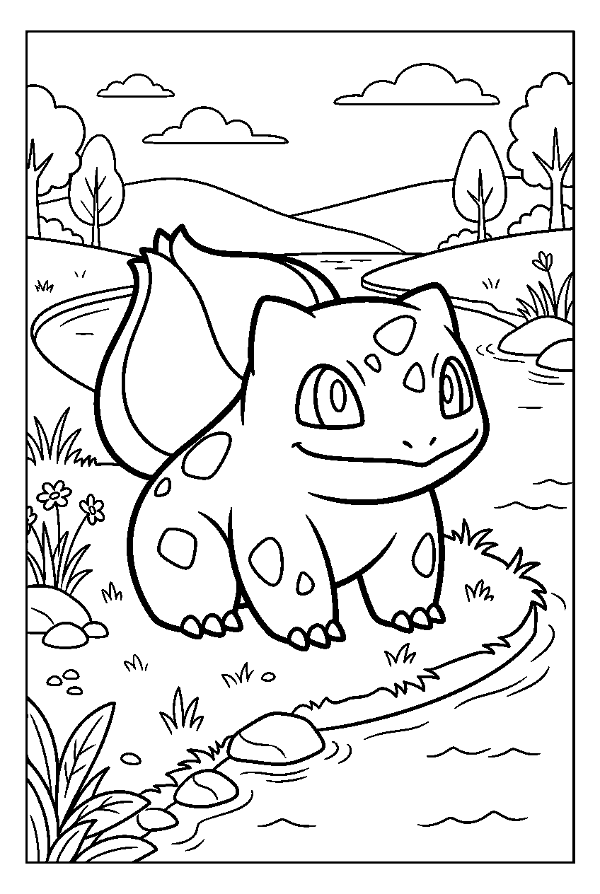 pokemon bulbasaur sitting on riverbank line art