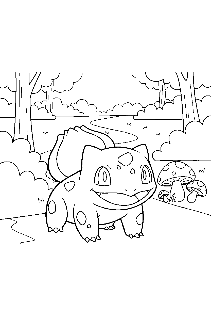 pokemon bulbasaur smiling happily near a forest path line art