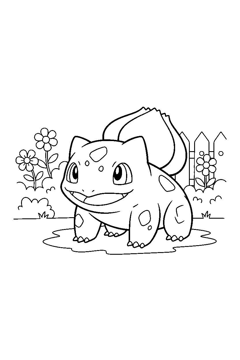 pokemon bulbasaur smiling in garden line art