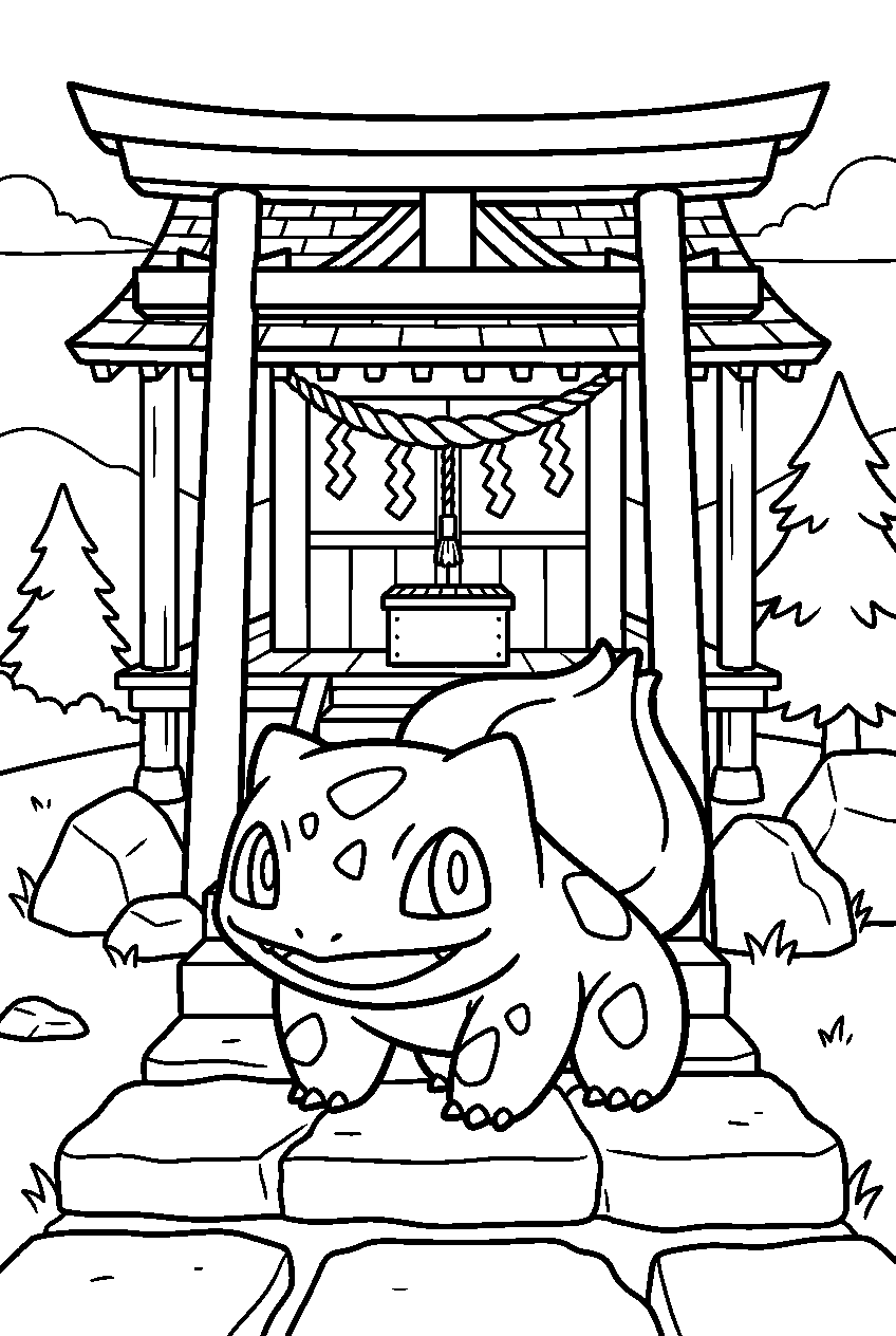 pokemon bulbasaur standing in legendary shrine line art