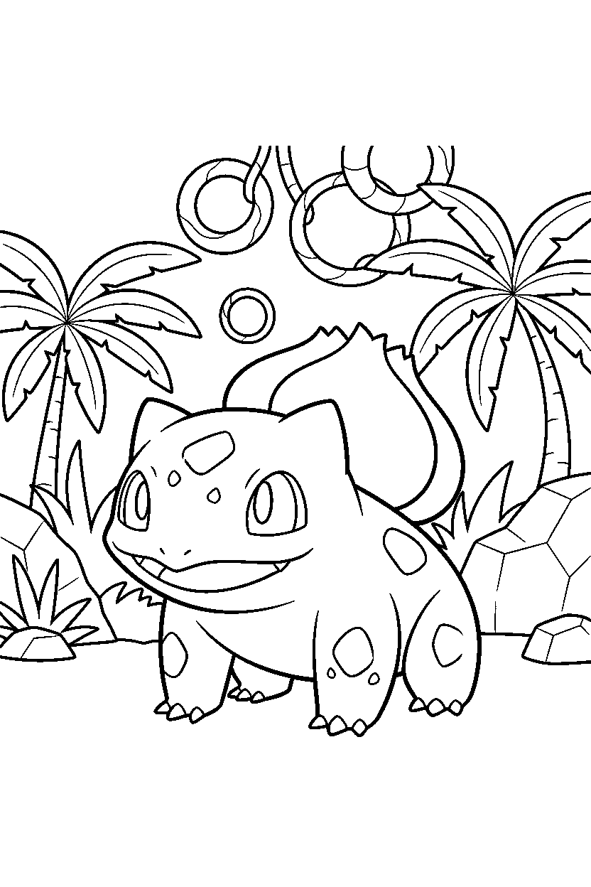 pokemon bulbasaur standing proudly in a jungle line art