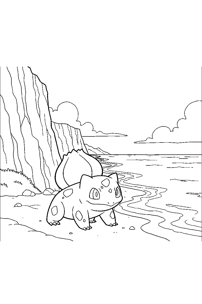 pokemon bulbasaur walking gently near a seaside cliff line art