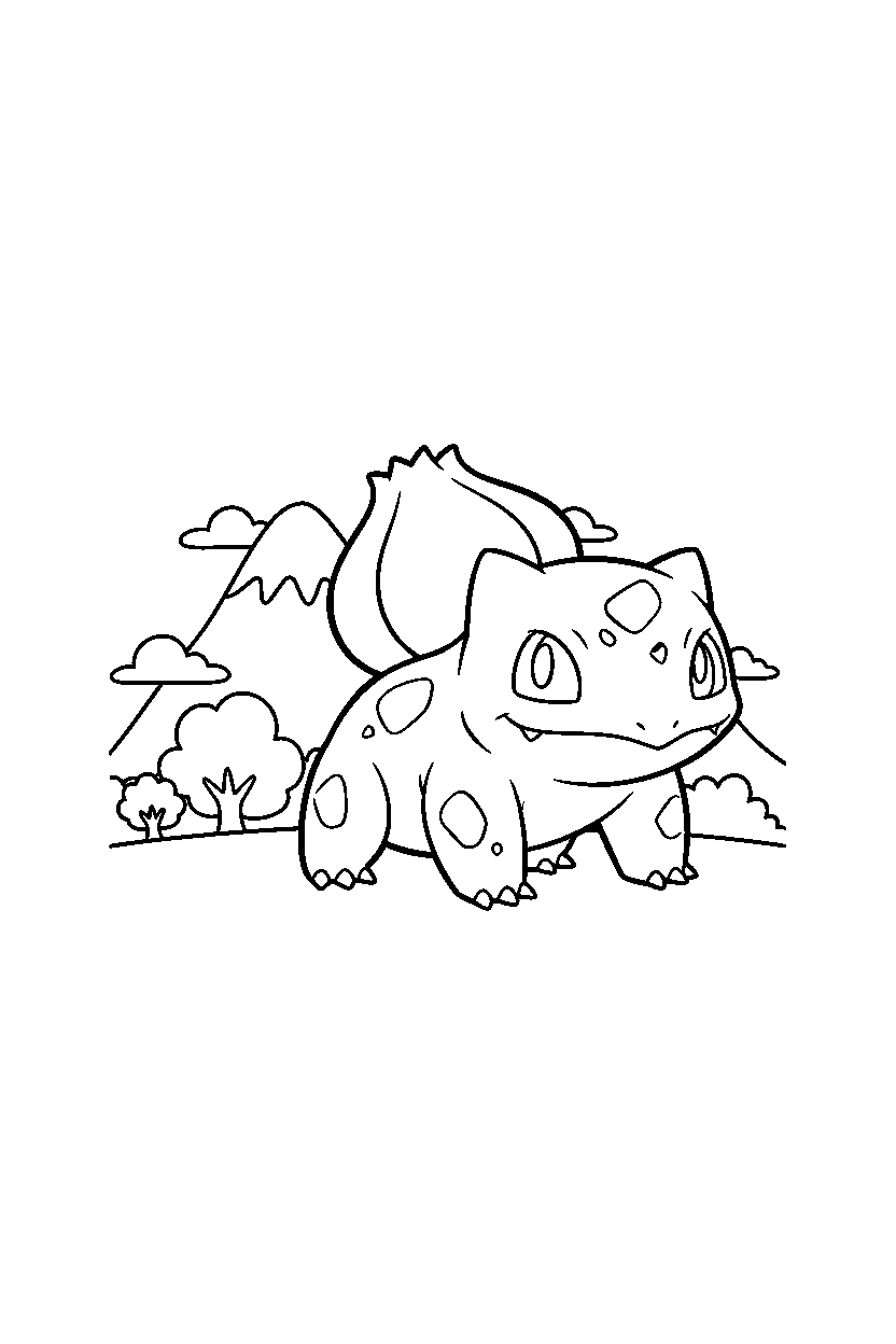 pokemon bulbasaur walking proudly near a mountain line art