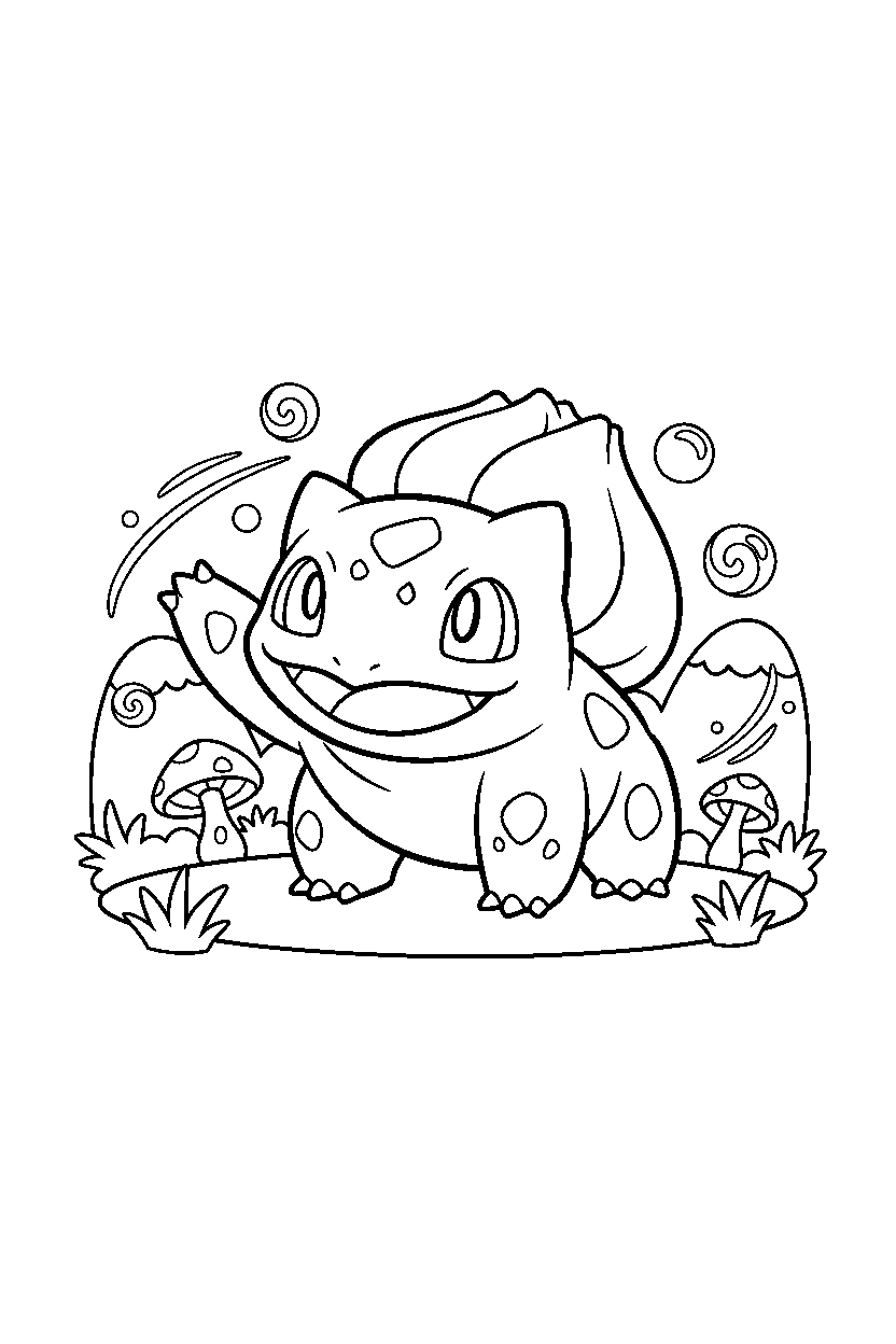 pokemon bulbasaur waving happily in a magical valley line art