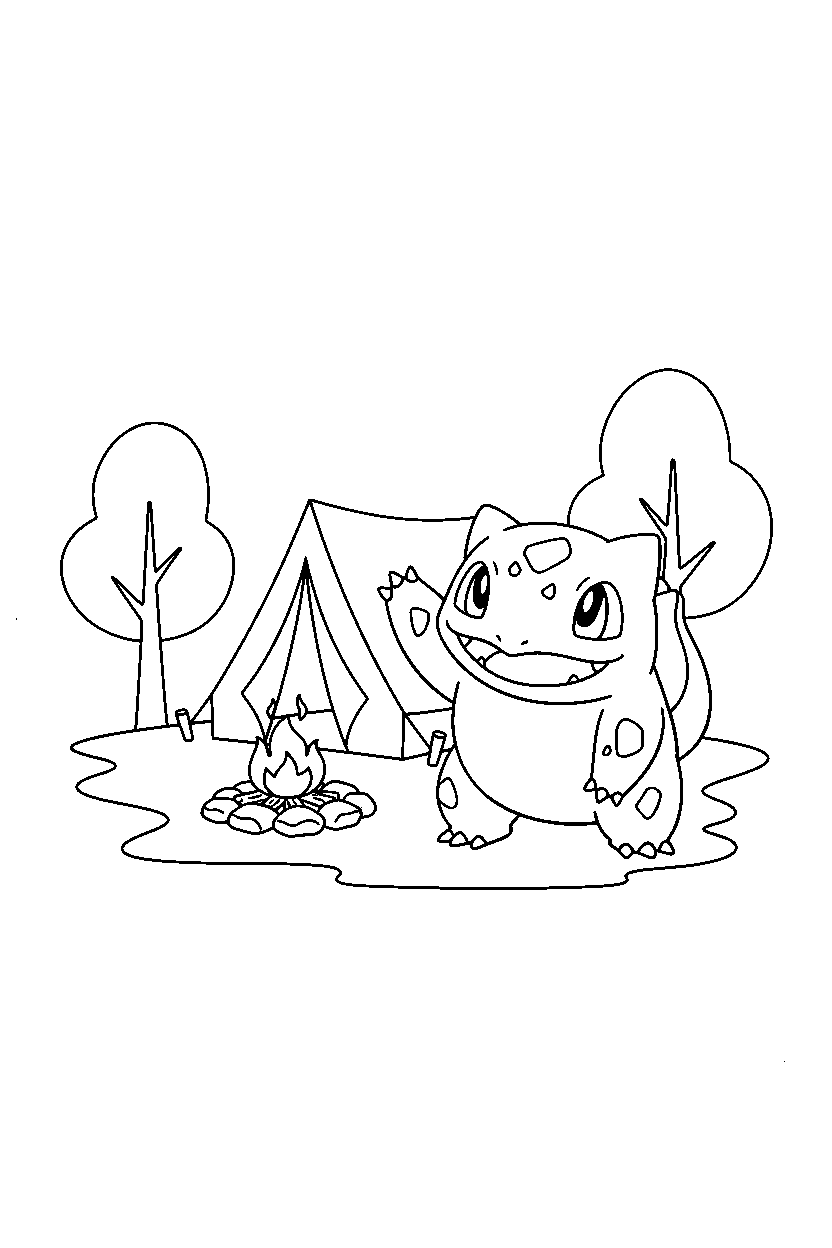 pokemon bulbasaur waving in camp area line art