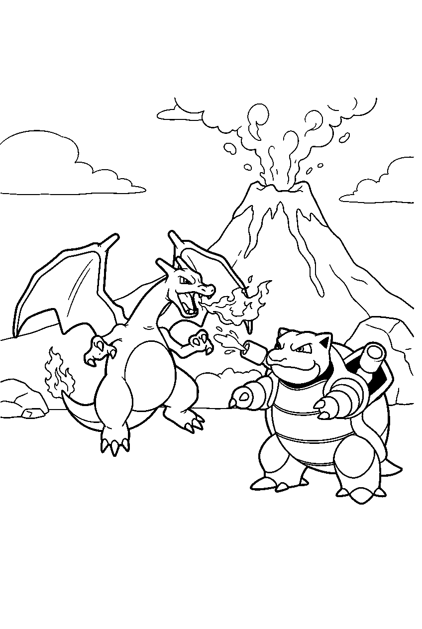 charizard battling blastoise beside an erupting volcano line art